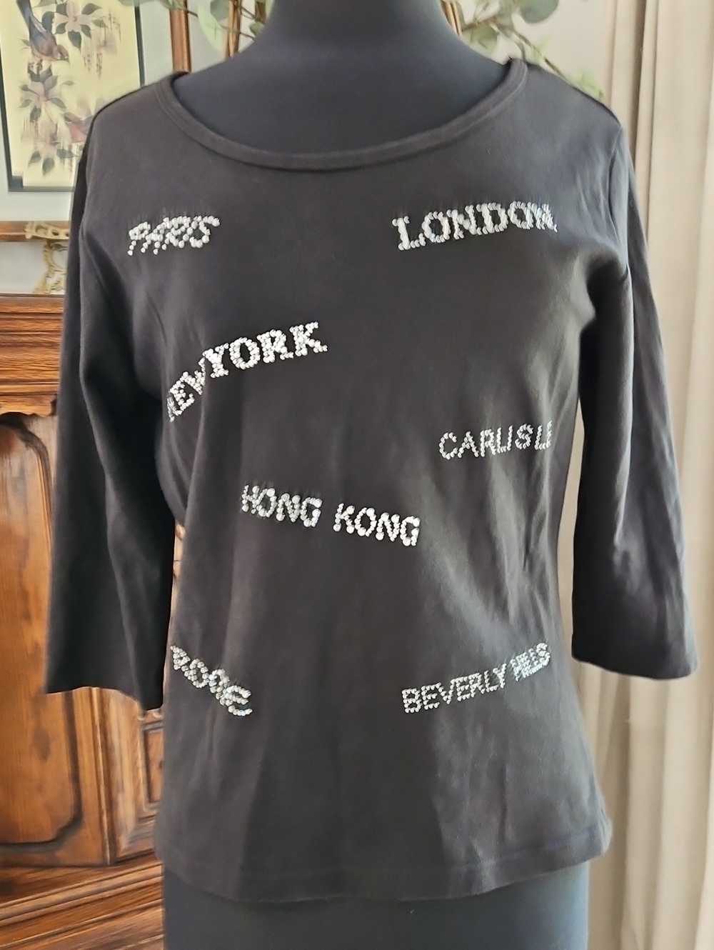 CHRISTINE ALEXANDER Women's Black Women's City-Print 3/4 Sleeve Top. Size XL
